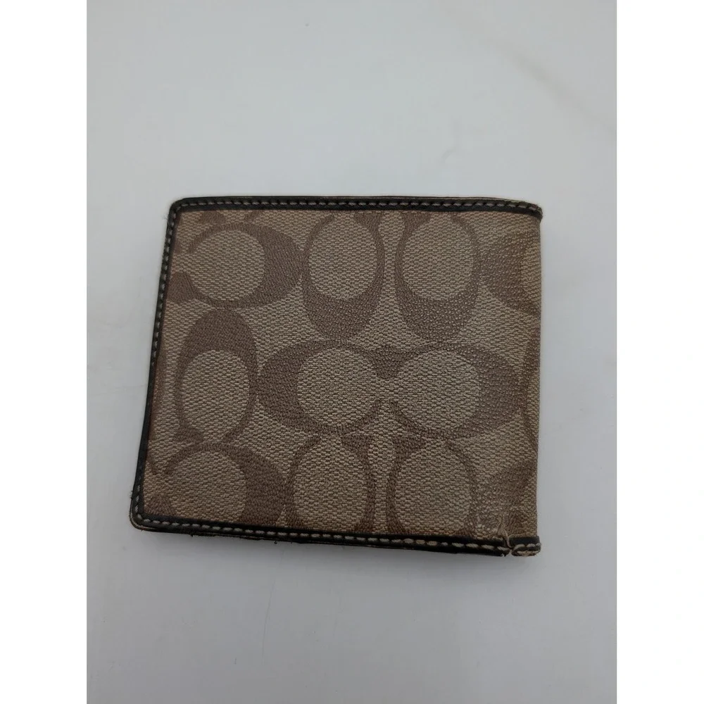 Coach Wallet Mens Brown Canvas Leather Bifold Signature Stripe Logo Card Holder